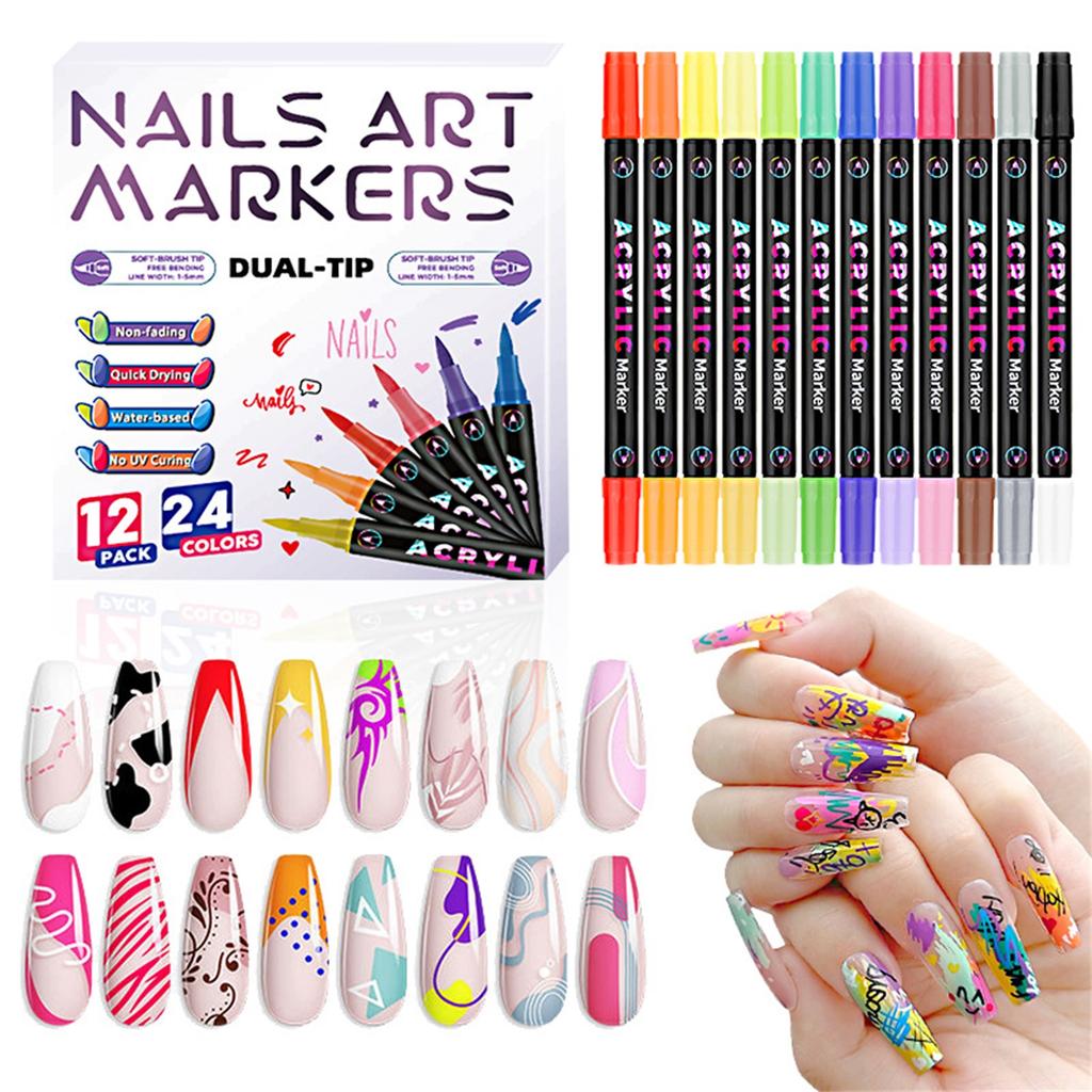 Doppelspitzen-Nagelkunst-Marker-Set 24 Farben 0,5 mm Feine Spitze Acrylfarbe Stifte Wasserdicht Schnelltrocknend Nicht verblassend Nageldesign-Werkzeuge für DIY
