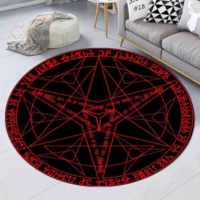 Red Sigil of Baphomet and Lucifer Premium Round Rug Personalized Rug Housewarming Gift Family Welcome Mat Funny Personalized Rug