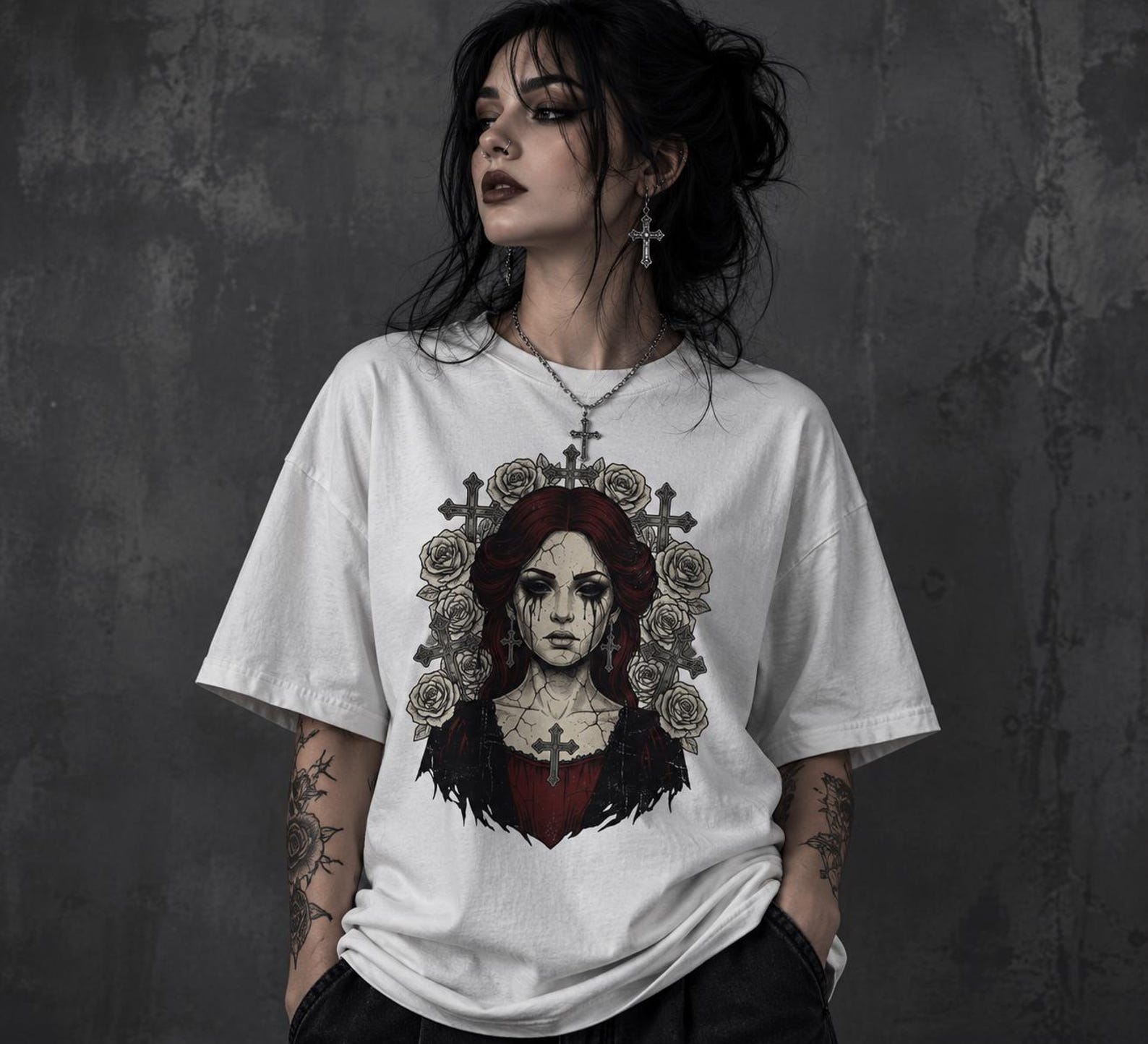 Gothic Woman Shirt | Dark Aesthetic Tee | Alternative Graphic T-Shirt | Vintage Horror Art Shirt | Rose Cross Design L