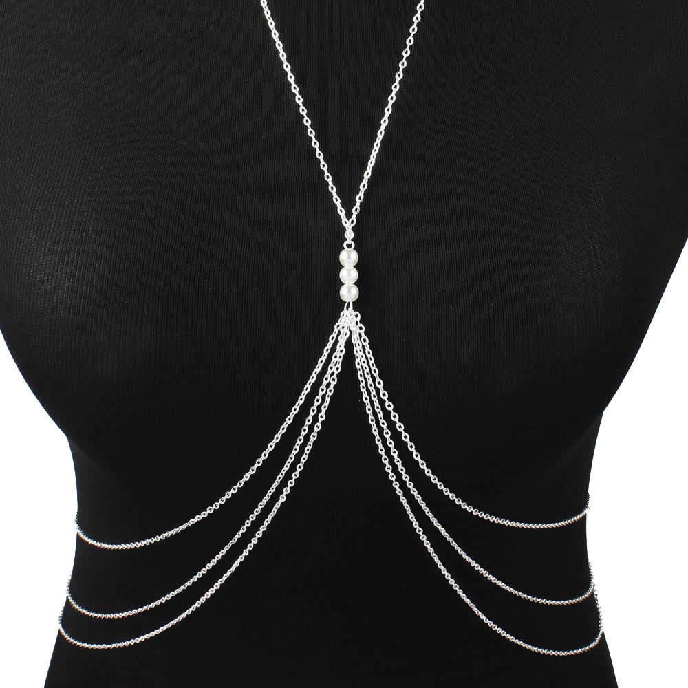 Pearl Cross Body Belly Waist Dance Choker with Imitation MT271 Women's 3-Strand Chain, Chain, Chain, Pearls, Silver,