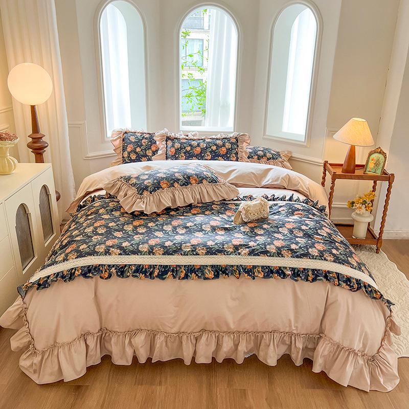 French Retro Princess Style Cotton Bedding Set with Lace Edge