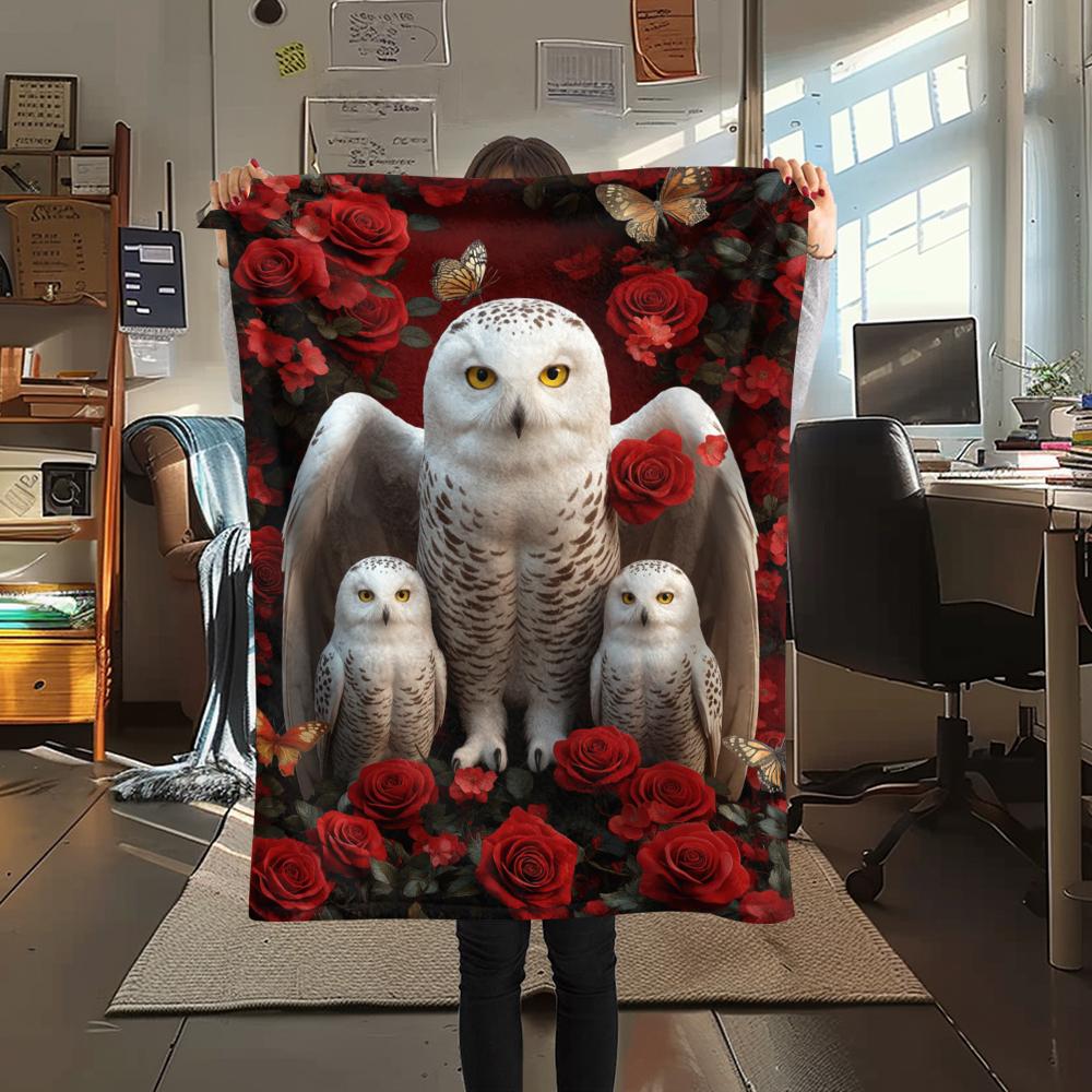 1PC Red Rose Owl Print Flannel Blanket, High Quality All Seasons, Home Decor, Warmth and Comfort, Perfect for Christmas Gifts