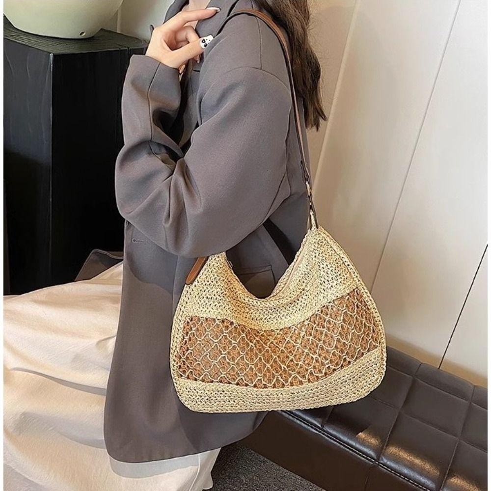 

Fashion Weave Tote Bag Simple Summer Beach Straw Handbag Sweet Bohemian Shoulder Bag Beach Style 2