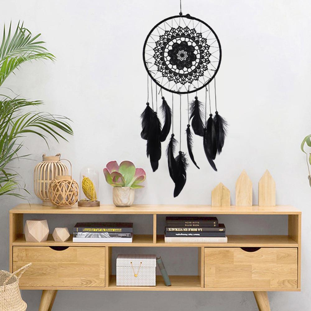 Sogno Fiorito Piuma Nera Ragnatela Decorazione Intrecciata Appeso a Parete Piume Scure Pizzo Ragnatela Ciondolo Ornamento per la Casa