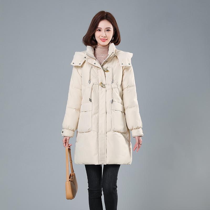 

2025 зима новая универсальная корейская пуховая куртка женская средней длины выше колена свободная приталенная утолщенная хлопковая куртка с капюшоном XXL бежевый