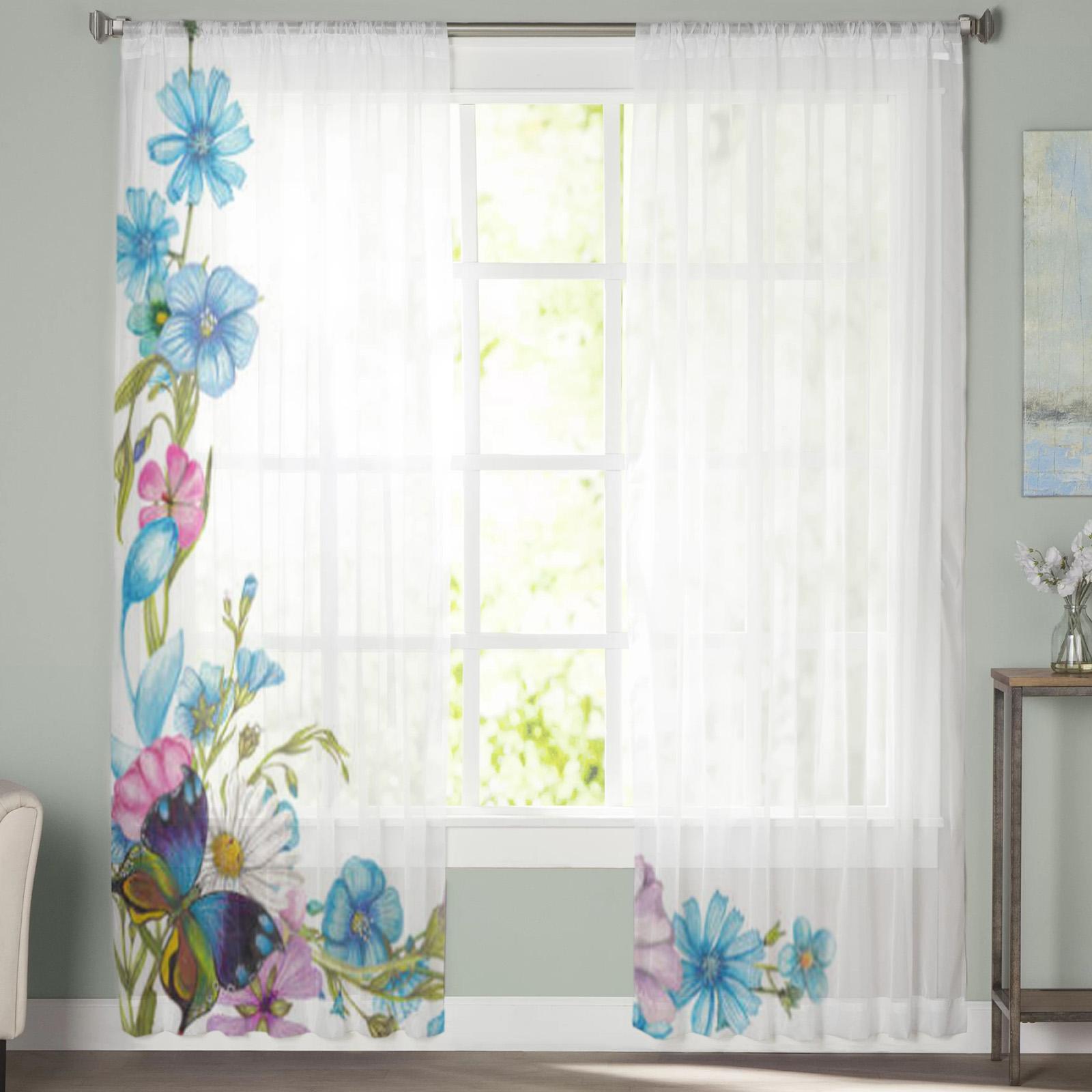 Прозрачные шторы с полевыми цветами и бабочками для гостиной — фото 4