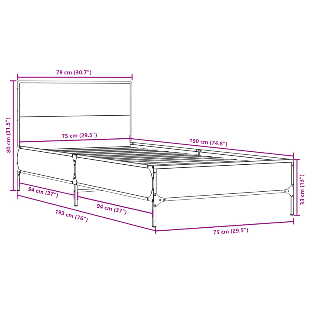 Bed Frame Gray Sonoma 75x190 cm Particleboard and Metal