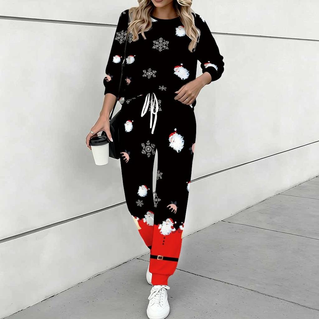 Conjunto Navideño de Dos Piezas para Mujer, Top de Manga Larga con Cuello Redondo y Pantalones Jogger con Cordón, Chándal Casual para Primavera Otoño