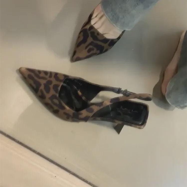 "2025 Summer Black Leopard Print Stiletto Heels - French Style, Closed Toe Sandals"