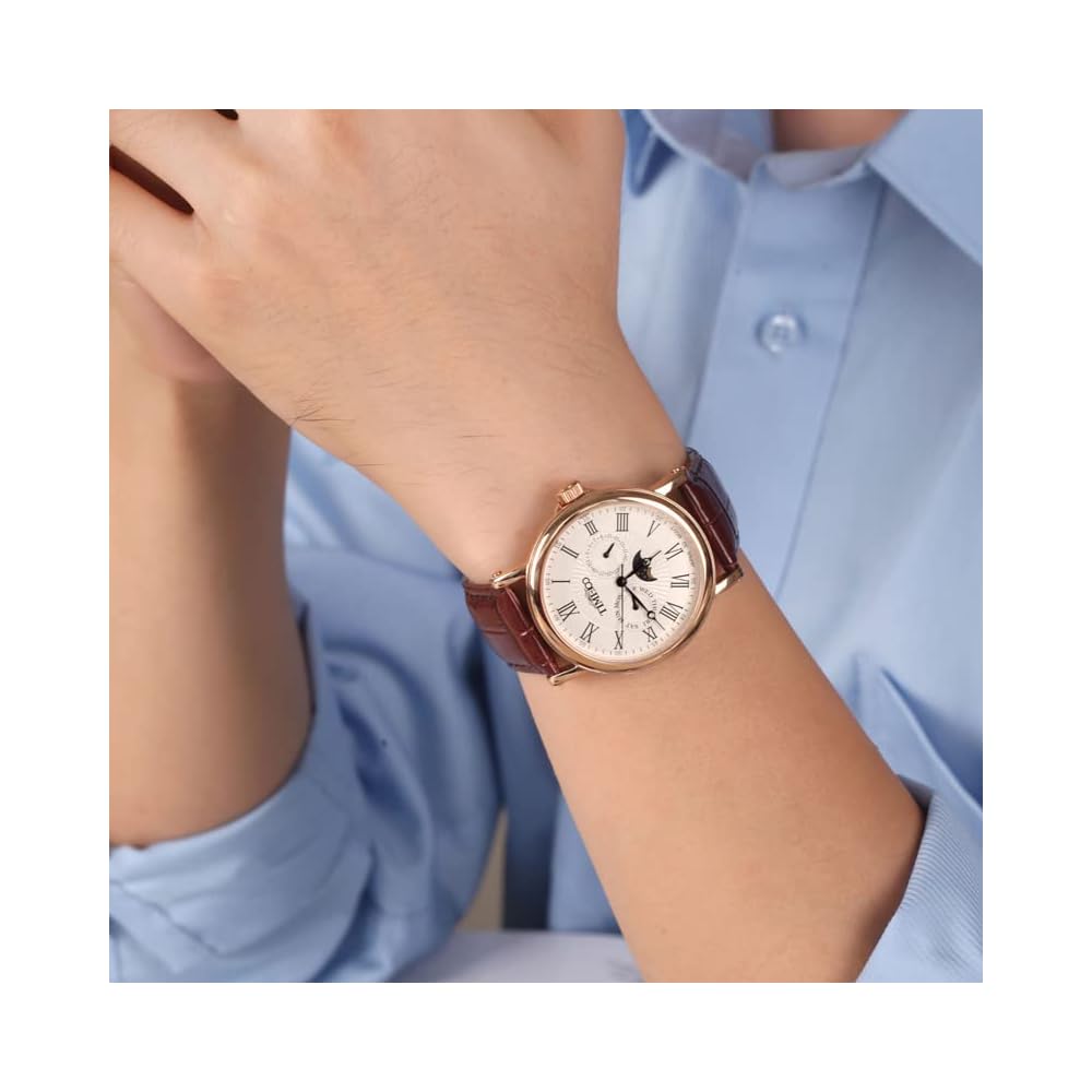 Time100 Multifunction Men's Watch Date Day Display 24-Hour Indicator Japanese Movement Black Leather Strap Rose Gold