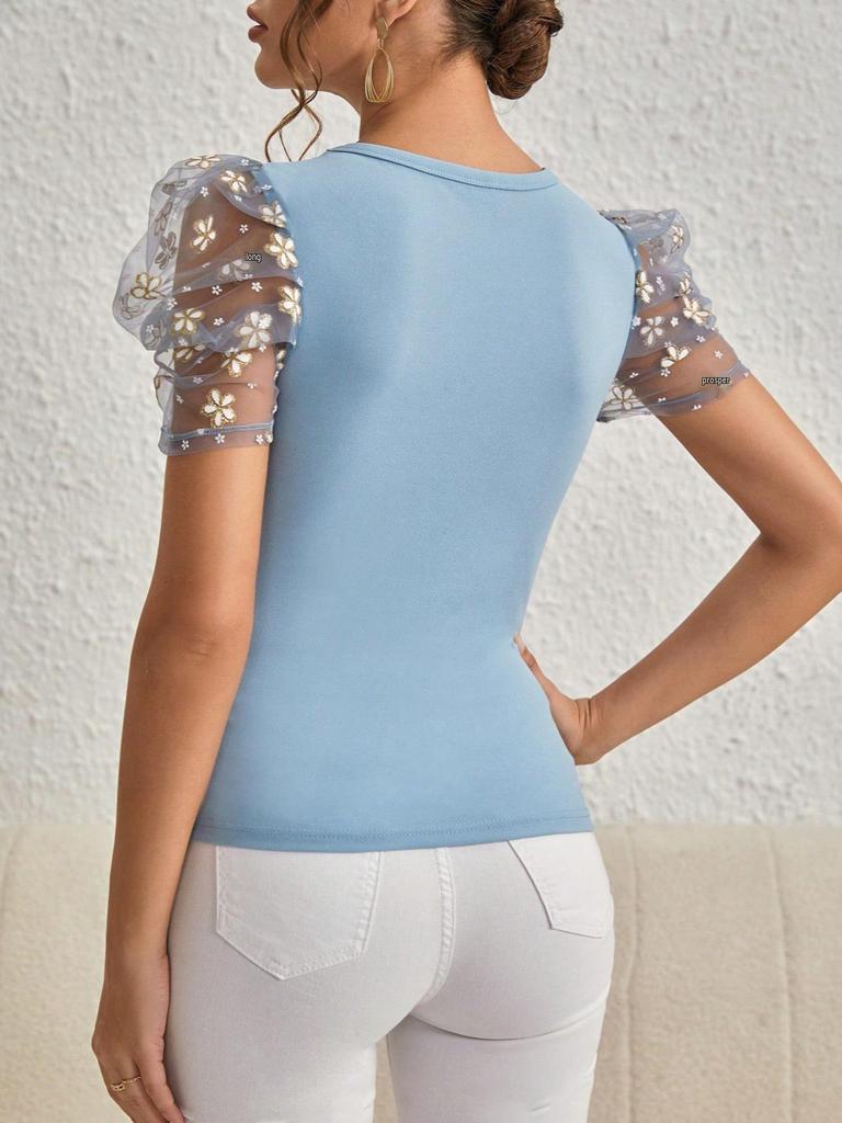 Spring & Autumn Mesh Flower Bubble Sleeve Slim Fit T-Shirt