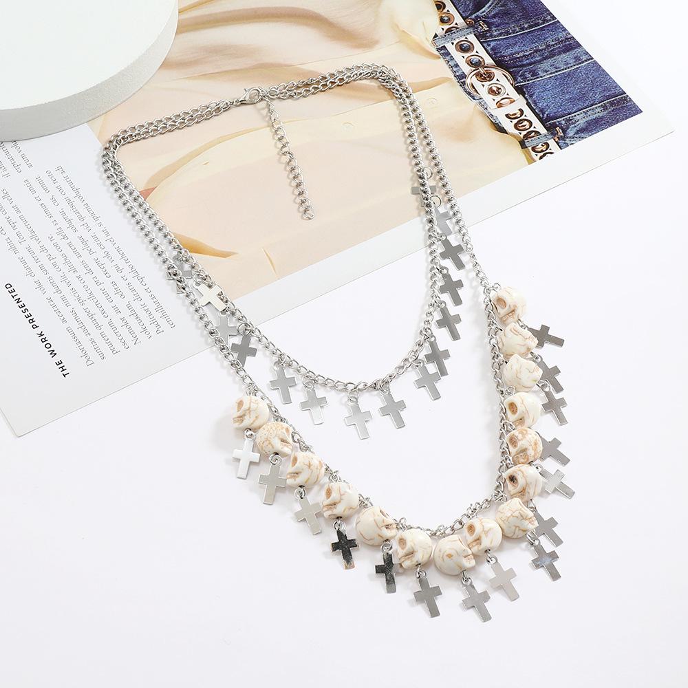 Cross-border new Halloween skull cross dark punk vintage gothic European and American double sweater chain necklace