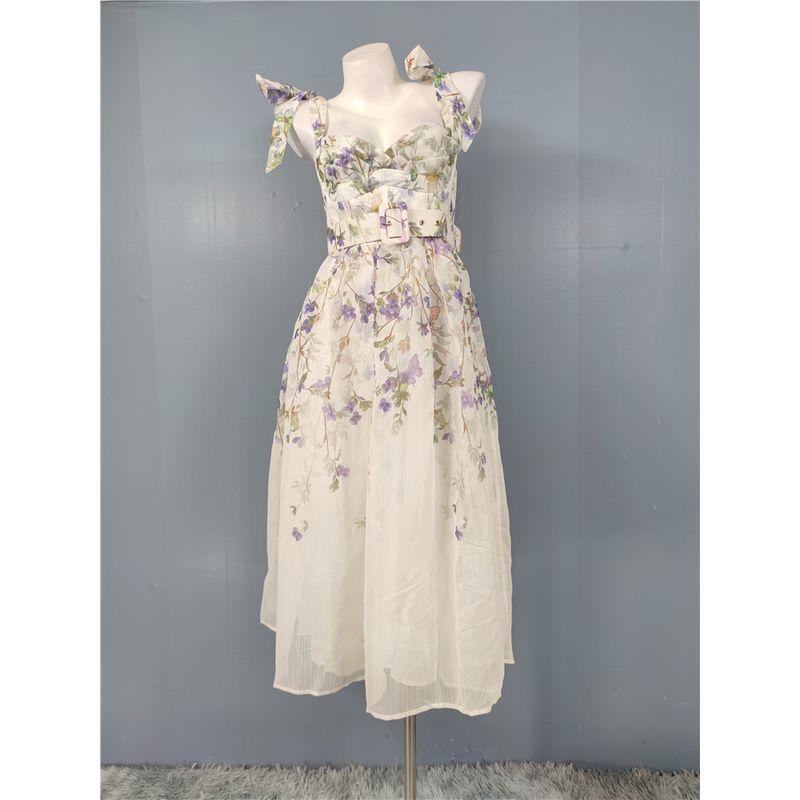 

French style Elegant Sweet Fashion Exquisite Print Straps Bow Waist Hugging Dress Mesh Pettiskirt With Belt White Flower S