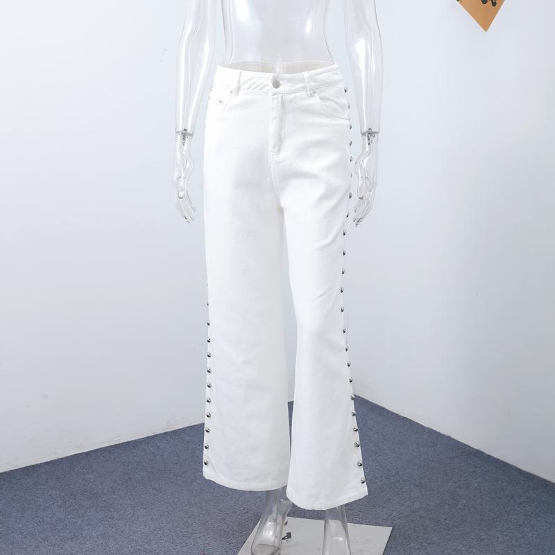 

Дизайнерские женские джинсовые брюки с металлическими заклепками, прямые мешковатые джинсы с высокой талией, винтажные потертые тянущиеся брюки High Street XS белый