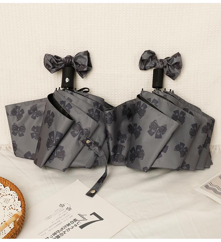 Women's Bow Sun & Rain Dual-Use Automatic Folding Umbrella - Compact, Fresh Sunshade with Black Glue for Sunscreen Protection.