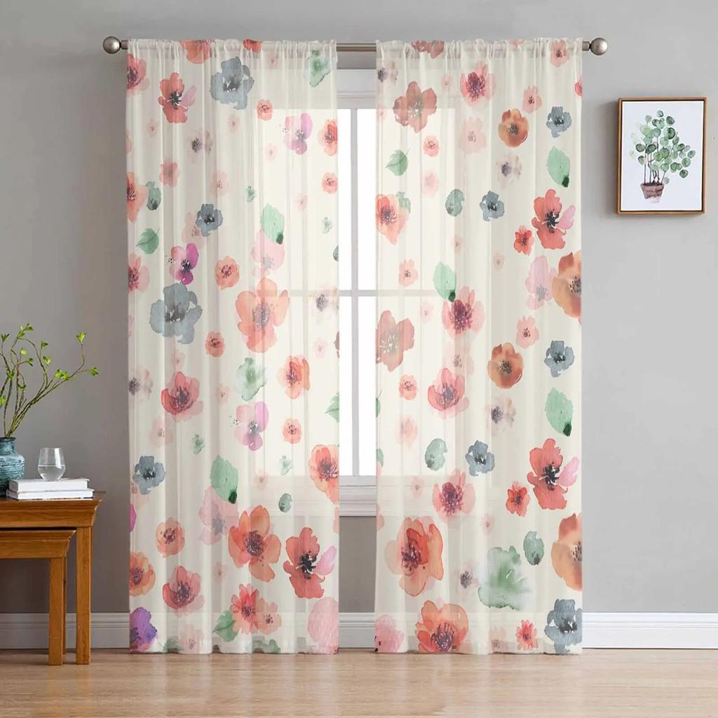 Watercolor Floral Hand Painting Tulle Voile Curtains for Bedroom Living Room Window Curtain Sheer Curtains Organza Drapes