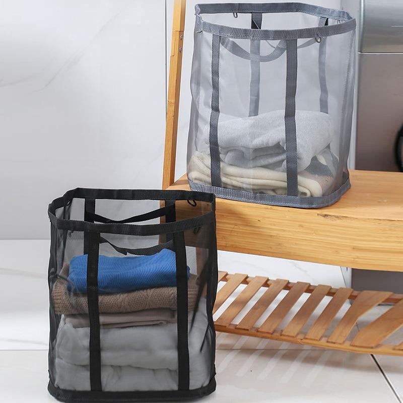 Nylon Mesh Laundry Basket With Handle Breathable Folding Portable Dirty Clothes Organizer Large Capacity Storage Pouch