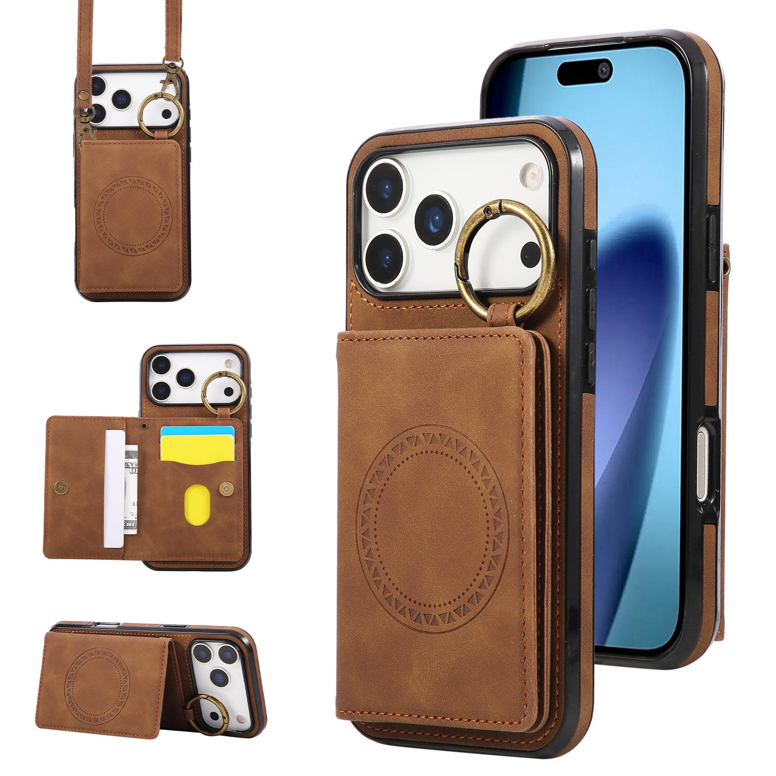 

Magnetic Crossbody Leather Case for iPhone 17 Pro Max Air 16E 16 Plus 15 Pro 14 13 Mini 12 11 Long Strap Ring Card Holder Wallet iPhone 11 Pro коричневий