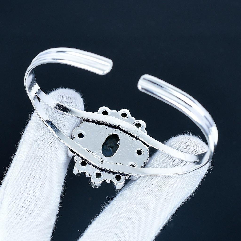 Natural Labradorite Gemstone Handmade Cuff Bangle 925 Sterling Silver Cuff Bangle, Labradorite Flower Shape Bracelet For Wife, Unisex Bangle, Gift