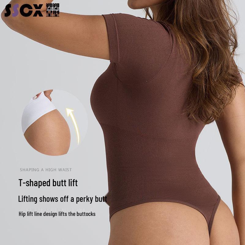 Seamless Ribbed Bodysuit: Women's Slim Fit Short Sleeve for Yoga and Fitness