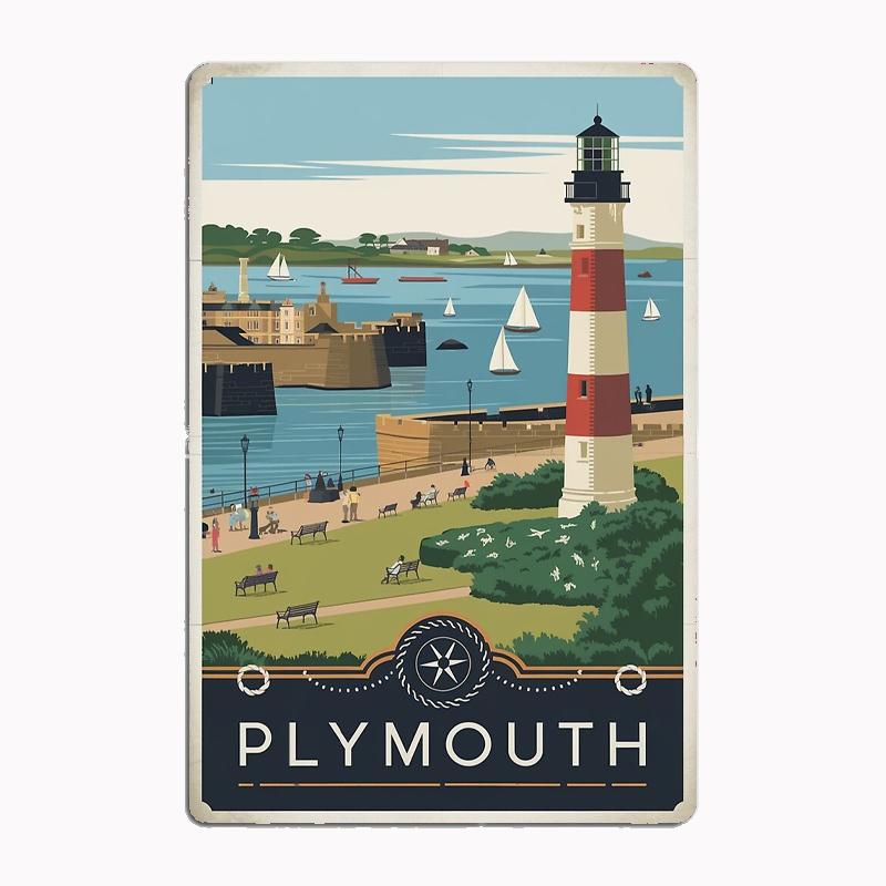 Plymouth Vintage Travel Poster Metal Sign Club Indoor Room Decor Custom Tin Home Wall Decor