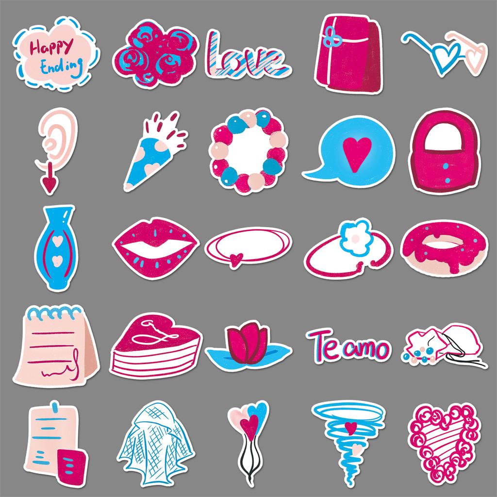 50 Love Cartoon Hand-drawn Valentine's Day Gum Card Love Decoration Suitcase Stickers