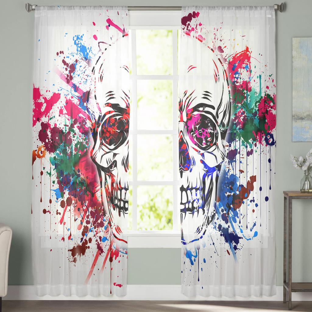 Watercolor Painting Art Splatter Skull Tulle Curtains For Living Room Sheer Curtain Bedroom Voile Decorative Window Treatments