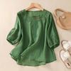 Loose Thin Round Neck Embroidered T-shirt for Women's Summer Clothes New Literary Versatile Cotton Fabric and Linen Top for Women's