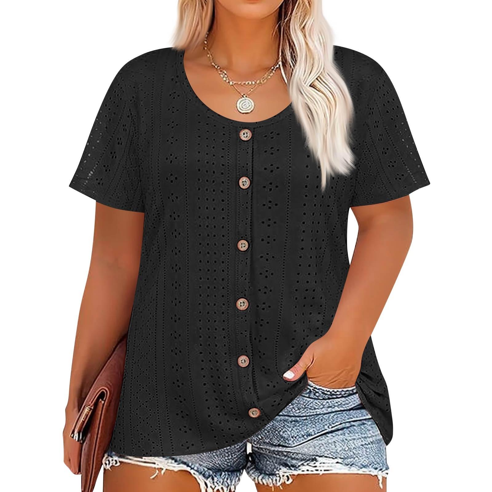 

Plus Size Women s Fashion Casual Vintage Soild O-Neck Short Sleeve Button T-Shirt Top L чорний