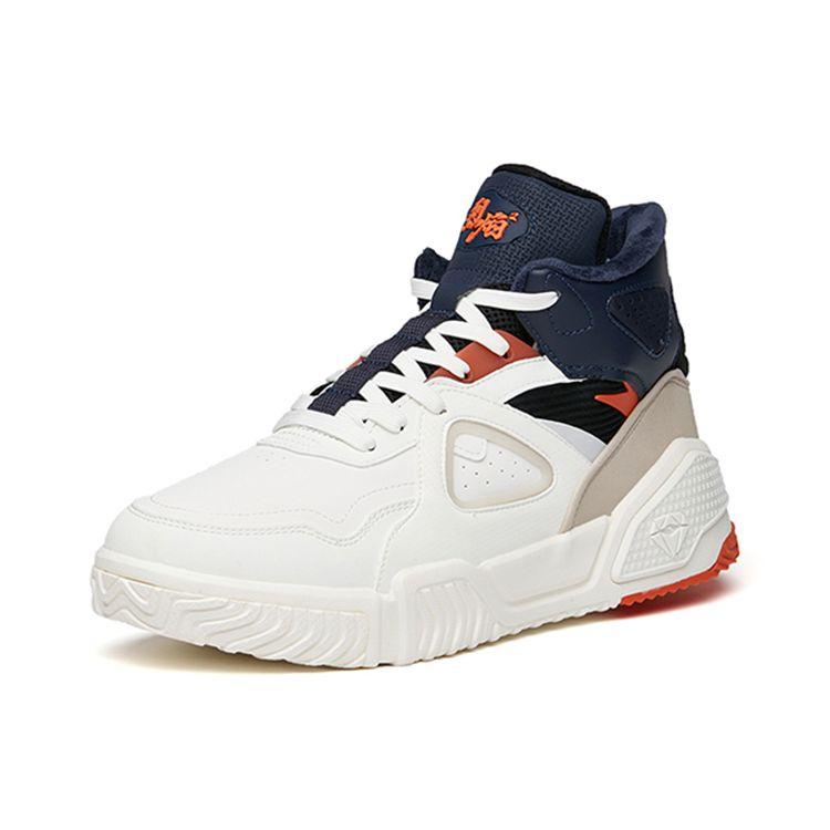 Anta Leather Plush Wear-Resistant Shock Absorption Mid-Top Sneakers Men Sneakers White Blue Orange 112148902-1
