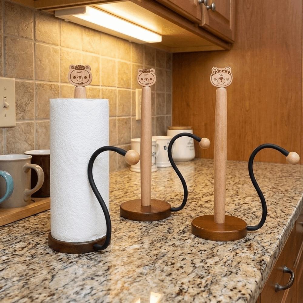 Free Standing Wooden Roll Paper Towel Holder Stable One-handed Tear Disposable Paper Holder Decorative Cartoon Bear