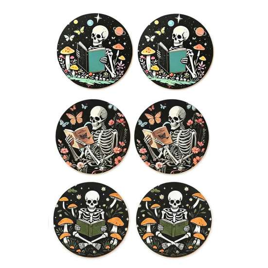 Gothic Home Accessories 6PCS Skull Pattern Wooden Coasters, Heat Insulation Moisture Absorption Drink Table Protection Mats Retro Decorative