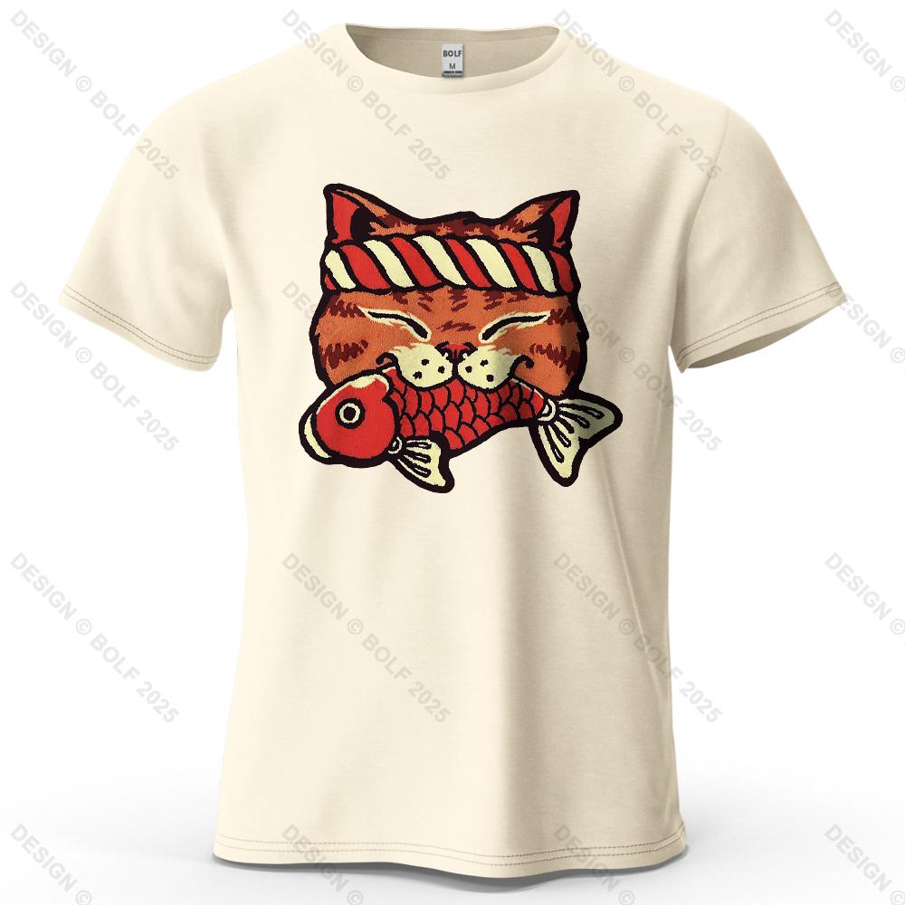 

Cat Holding Fish Printed Men s T-Shirt 100% Cotton Oversized Cute Cartoon Funny Graphic Tees for Women Tops Tees Streetwear 4XL