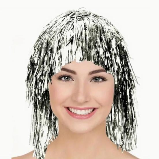 Foil Tinsel Wig Metallic Fancy Dress Shiny Wig 80s Disco Cosplay Party Supplies Photo Booth Props for Adults