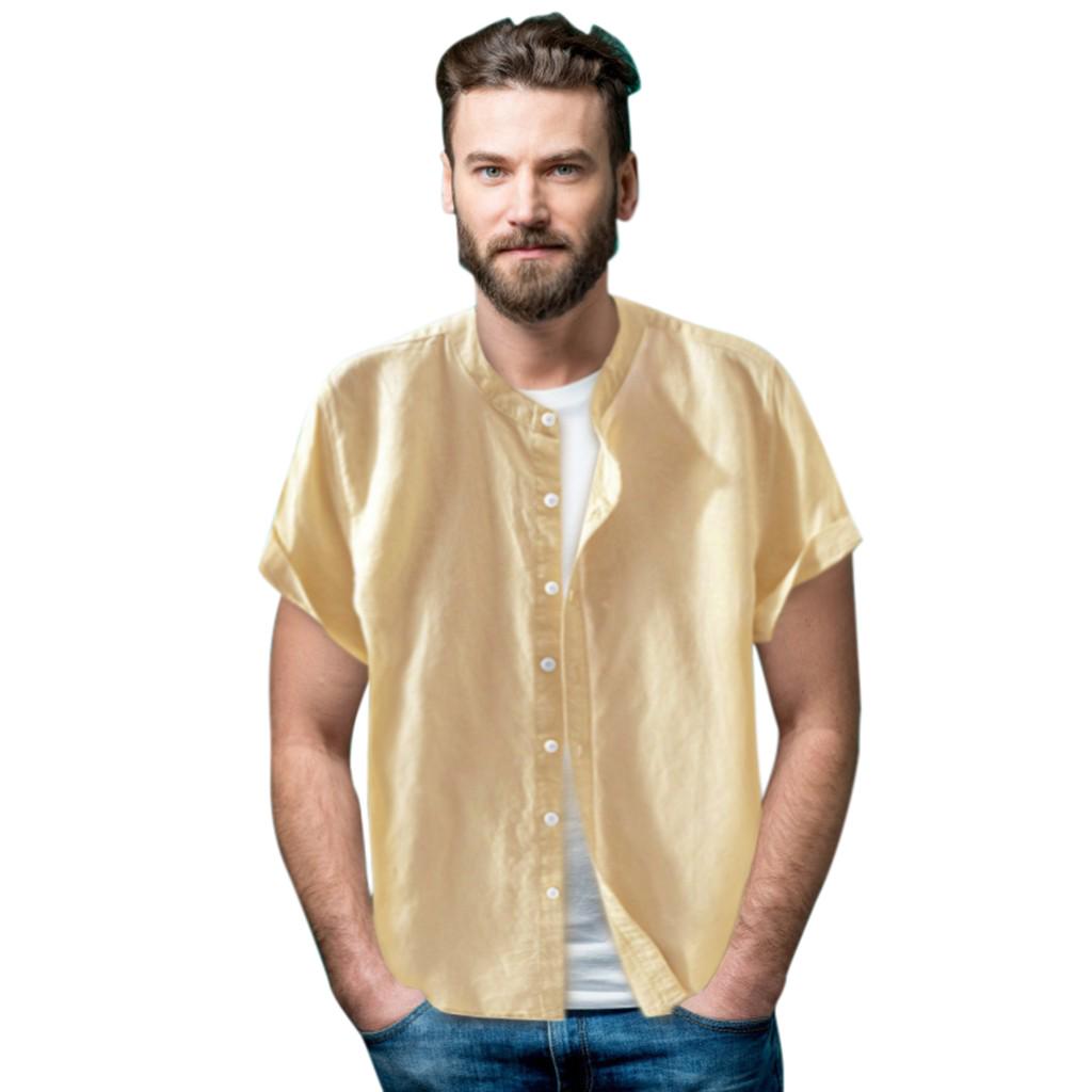 Men's Baggy Cotton Linen Solid Short Sleeve Button Retro T Shirts Tops Blouse