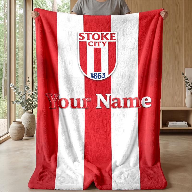 Stoke City FC Custom Name Text Flannel Blanket Soccer Logo Personalized Fleece Throw Blanket Special Gift For Sofa Bedroom Home