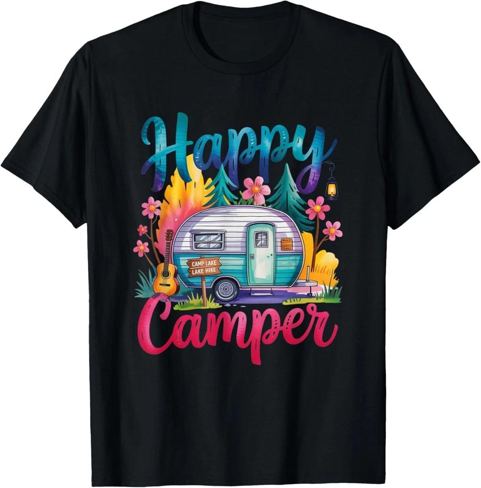 Funny Happy Camper Camping Apparel Trailer RV Kids Women T-Shirt