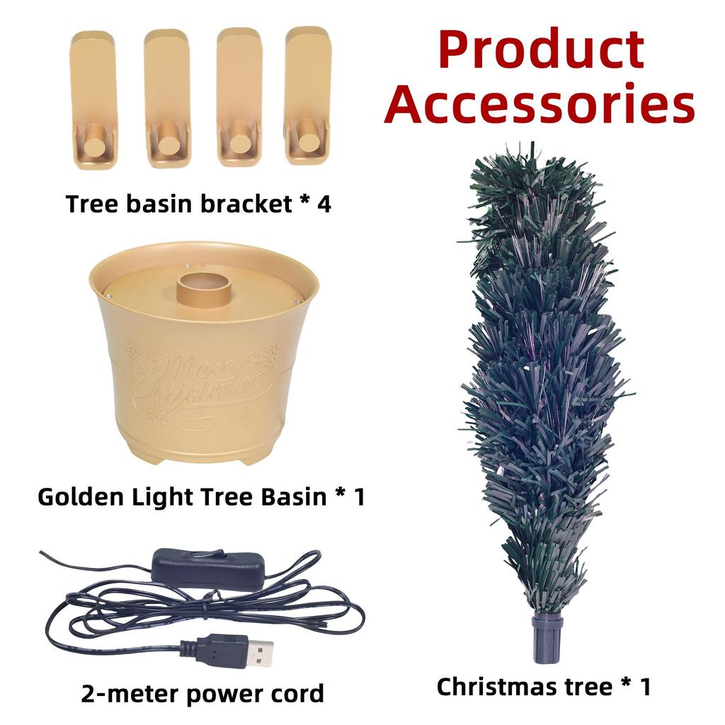24 Inch Green Pre-lit Mini Fiber Optic Tabletop Artificial Christmas Tree with LED Lights Gold Base Xmas Table Top Tree
