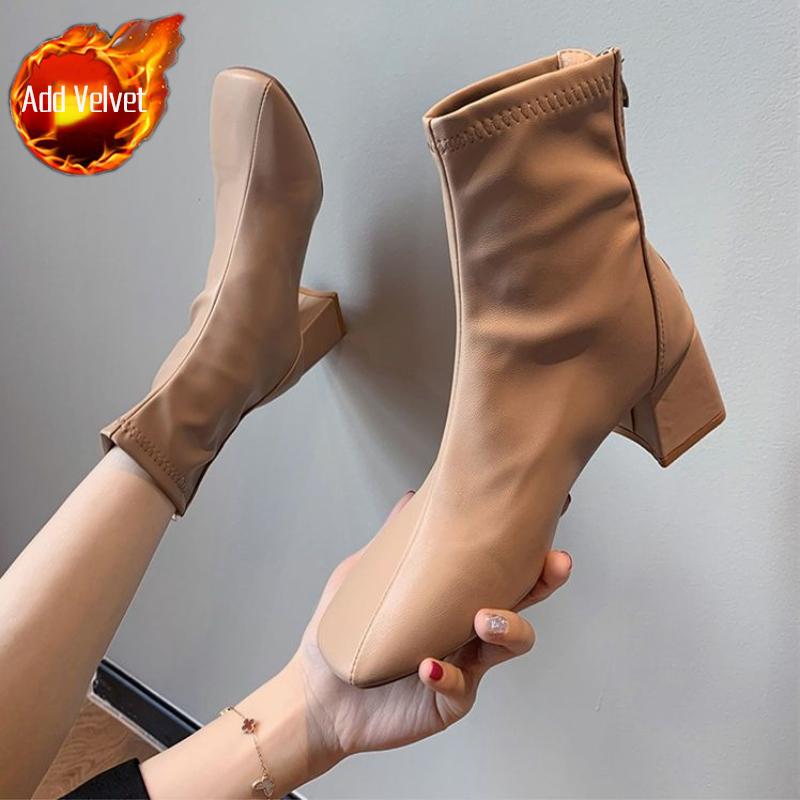 Fashion Autumn Winter Leather Waterproof Booties Square Toe Heeled Warm Woman Short Shoes New In Fashion 2025 Sale Ankle Boots for Women
