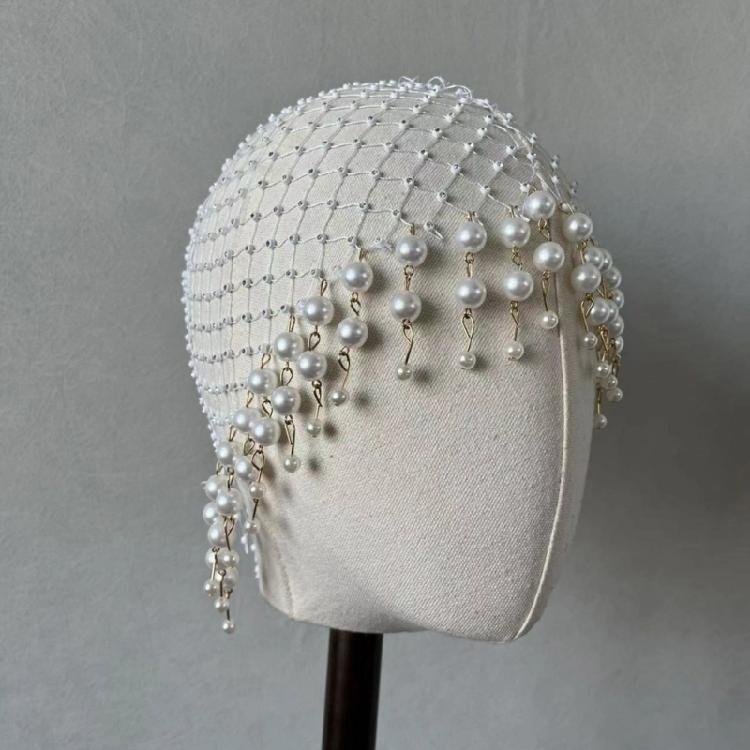 Sparkling Pearls Adorned Tassels Hair Hat Sophisticated Faux Pearls Tassels Hairpiece Hat for Evening Event and Galas