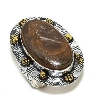 Natürlicher Schlammriss Fossil Edelstein Zweifarbig 925 Sterlingsilber Ring Gr.8.5 K5c08