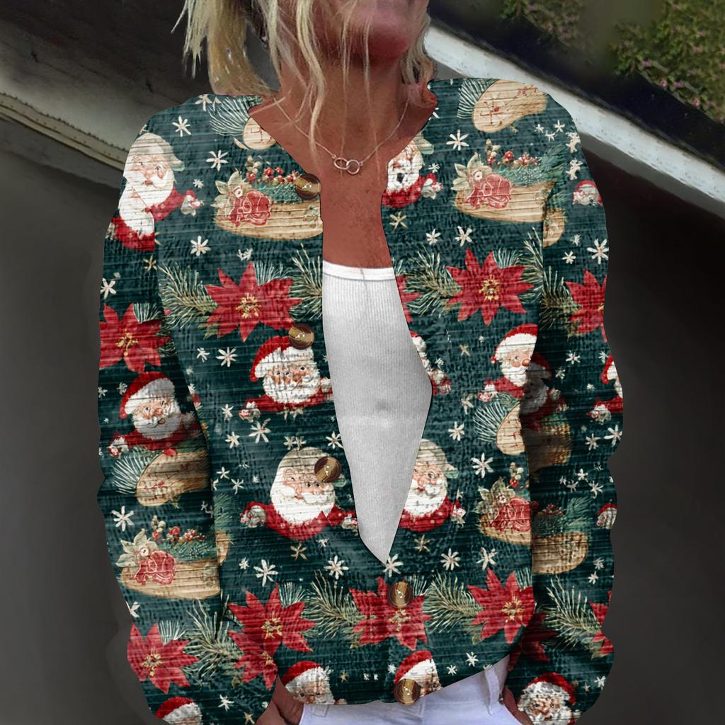 Women's Fashion Christmas Printed Long Sleeve Knitted Cardigan Button Down Jacket