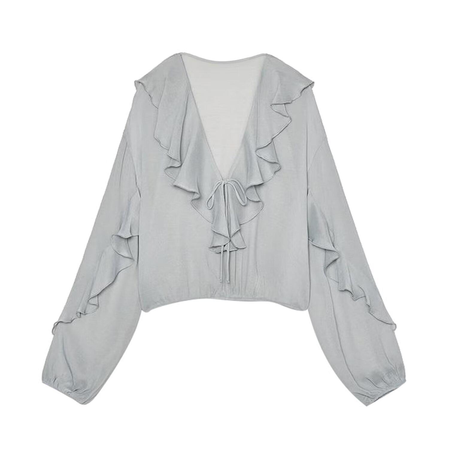 

Элегантная женская рубашка ZA с V-образным вырезом, многослойными длинными рукавами и текстурой, 2025 Small светло-серый