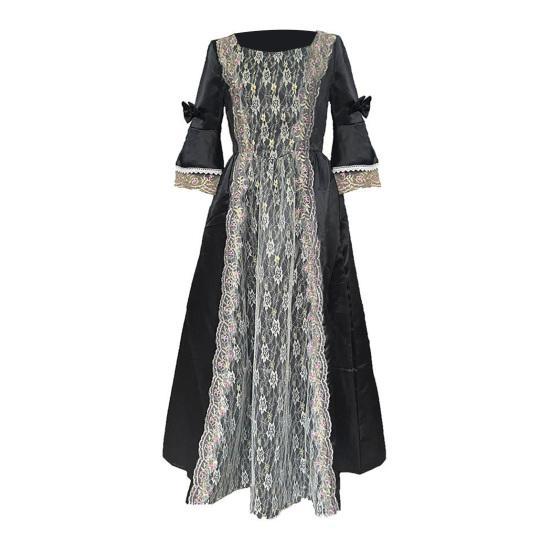 Women Performance Dress Stage Show Retro Royal Style Lace Bow Decor Bell Sleeve Patchwork A-line Hallowen Party Carnival Evening Dress Ball Gown