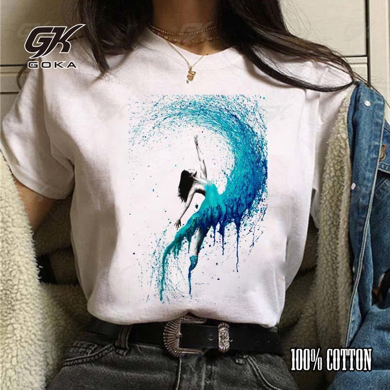 

New Watercolor Ballet Dancer Print Women Tshirt Casual Dancing Ballet O-Neck Summer Cotton Harajuku Vintage Tops Camisas Mujer 4XL