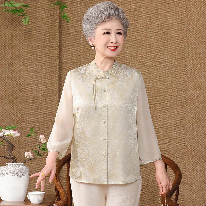 

Elegant Chinese-Style Spring & Autumn Top for Elderly Women - Grandma s Classic Shirt L (for up to 100 lbs)