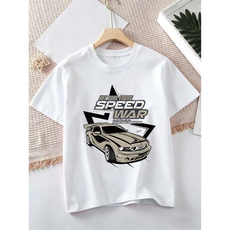 European sizes Boys' Racing Car T-Shirt with Speed Print - Soft Skin-Friendly Short Sleeve Crew Neck Tee Suitable for Everyday Outdoor Wear