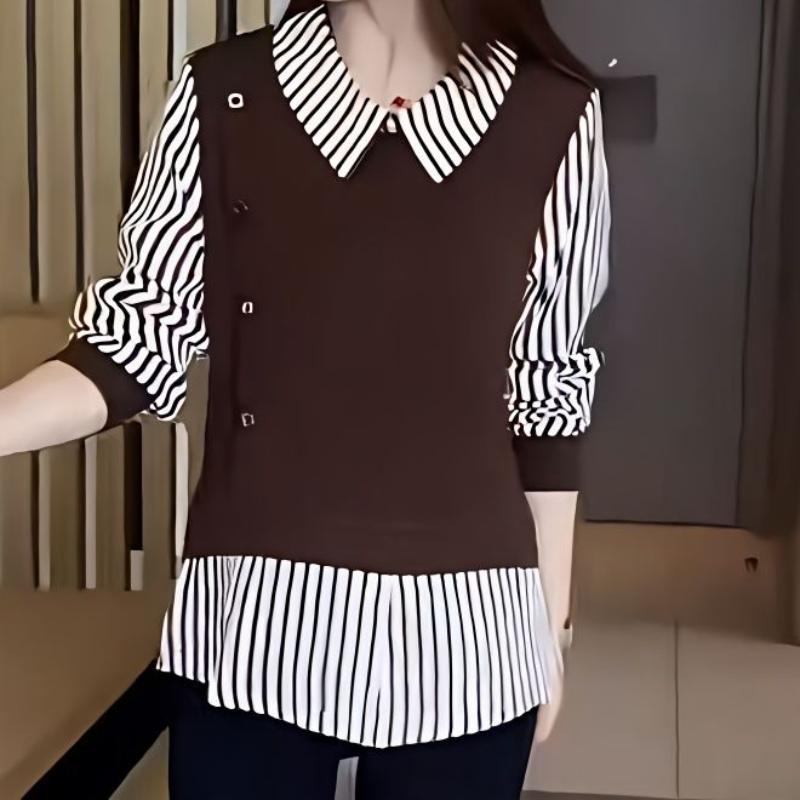 

Рубашка с длинным рукавом, модный полосатый лоскутный топ-база в стиле «два в одном», повседневный, уменьшающий возраст XXL хаки