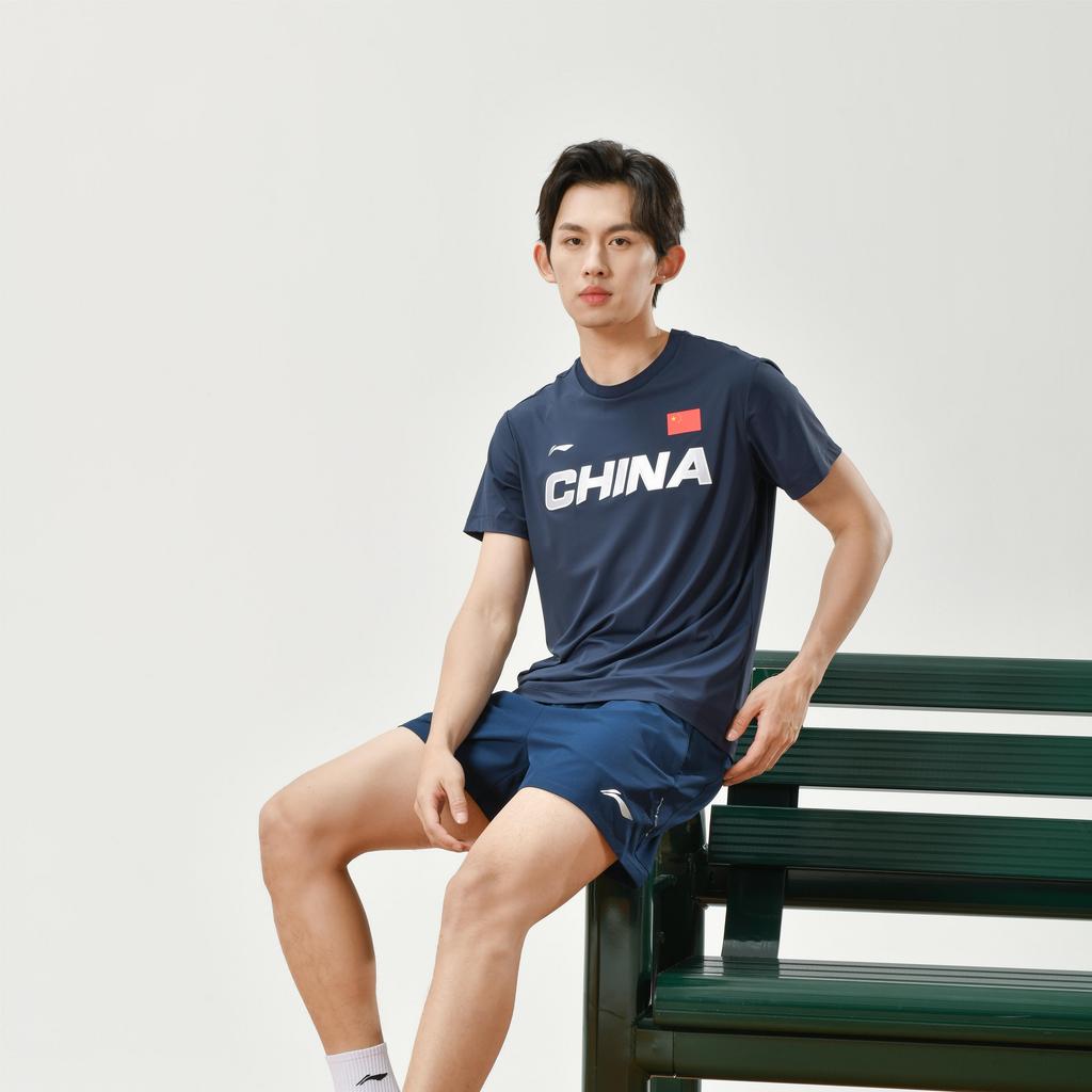 Li-Ning Pure Color Letter Logo Print Round Neck Short Sleeve T-Shirt Men Tops Ink-Blue AHSS983-1