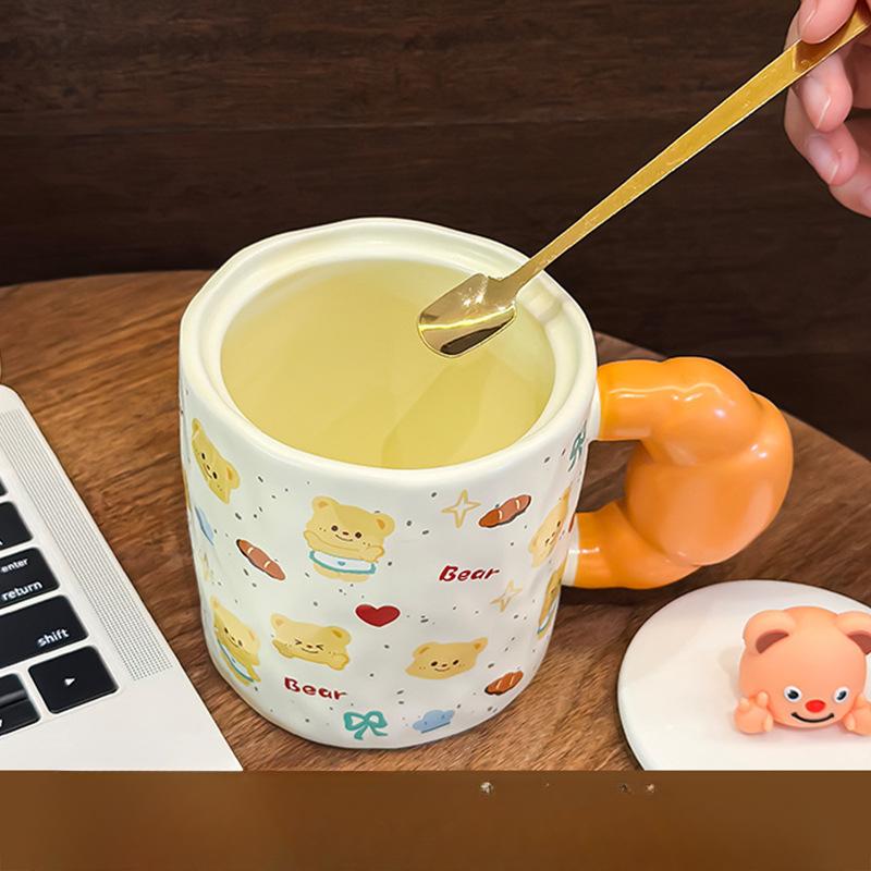 Söt Liten Björn Mugg med Lock Sked Högt Seende Flicka Sovsal Dricksvattenkopp Keramisk Kontorskaffekopp